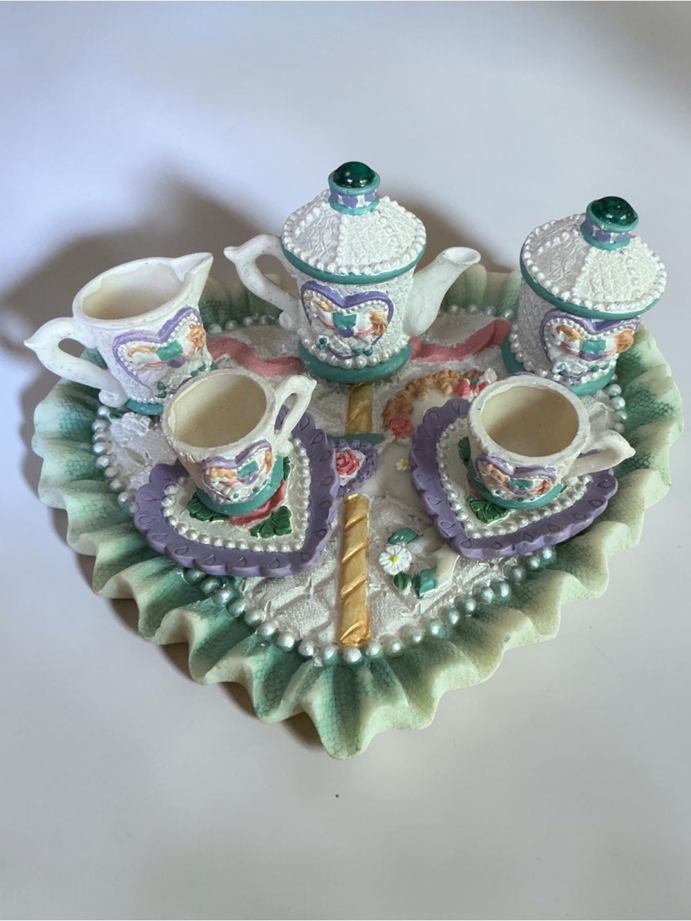 Miniature Heart Tea Set in Pastel Green, Purple, White